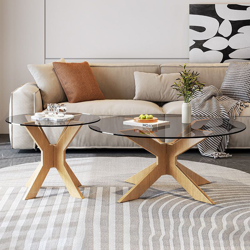 Modern Minimalist Round Solid Wood Tempered Glass Coffee Table 1-Tier For Living Room