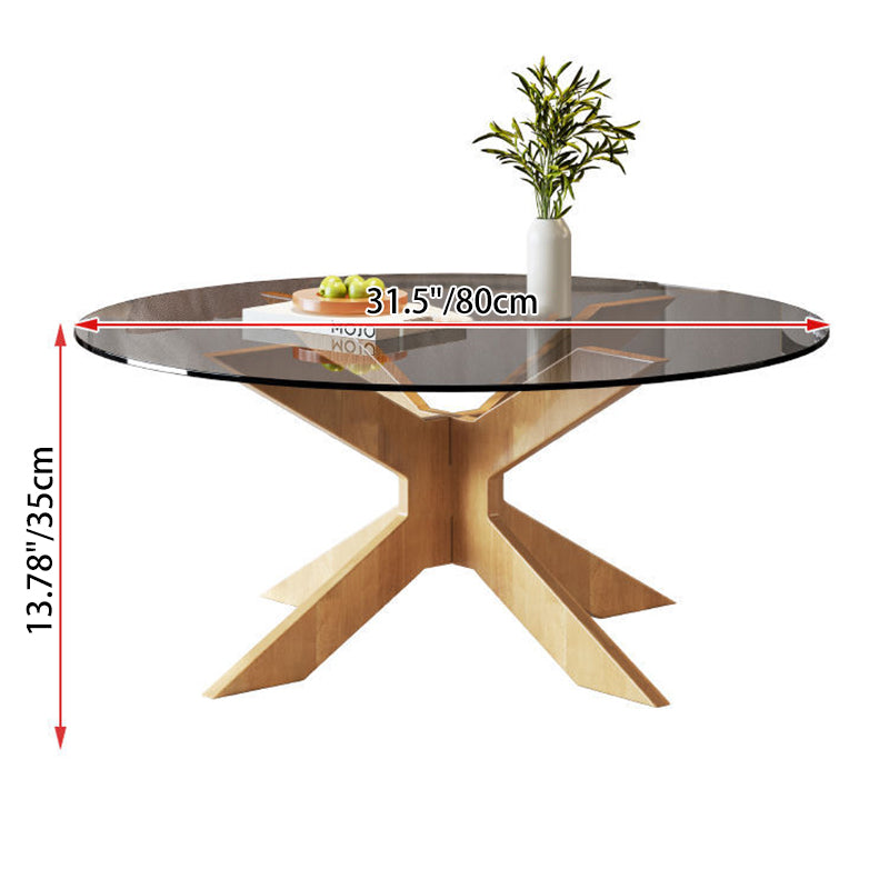 Modern Minimalist Round Solid Wood Tempered Glass Coffee Table 1-Tier For Living Room