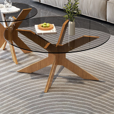 Modern Minimalist Round Solid Wood Tempered Glass Coffee Table 1-Tier For Living Room