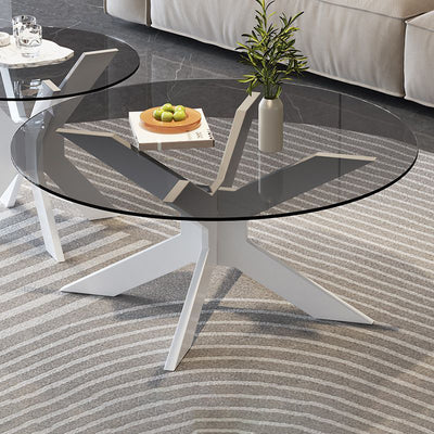 Modern Minimalist Round Solid Wood Tempered Glass Coffee Table 1-Tier For Living Room