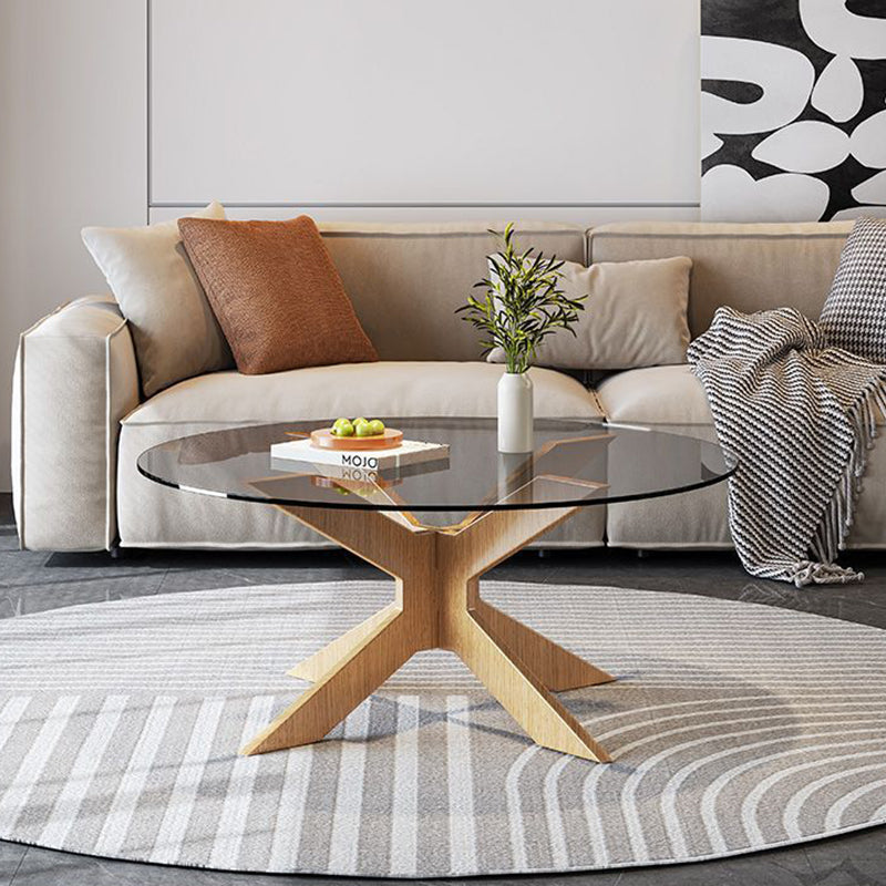 Modern Minimalist Round Solid Wood Tempered Glass Coffee Table 1-Tier For Living Room
