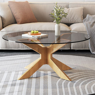 Modern Minimalist Round Solid Wood Tempered Glass Coffee Table 1-Tier For Living Room