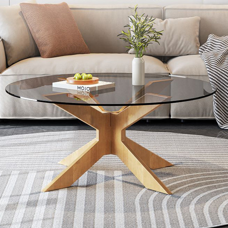 Modern Minimalist Round Solid Wood Tempered Glass Coffee Table 1-Tier For Living Room