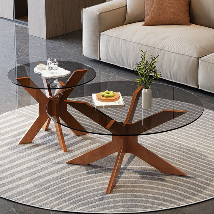 Moderner minimalistischer runder Couchtisch aus massivem Holz mit gehärtetem Glas, 1-stufig, für das Wohnzimmer 