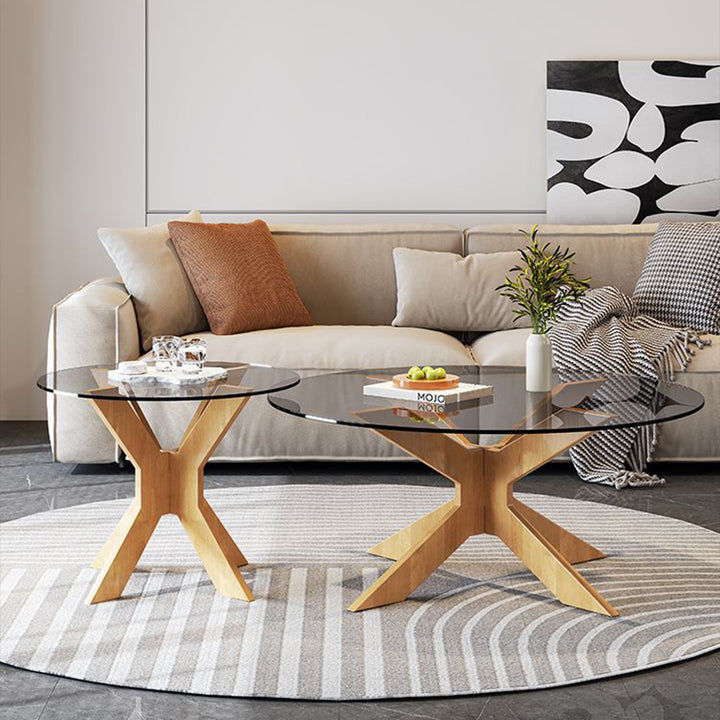 Mesa de Centro Redonda Minimalista Moderna de Madera Maciza con Cristal Templado de 1 Nivel para Sala de Estar 