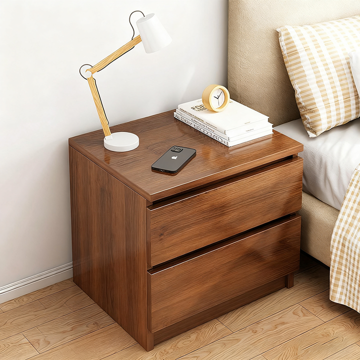 Moderner minimalistischer quadratischer MDF-Nachttisch mit 2 Schubladen für Wohnzimmer & Schlafzimmer 