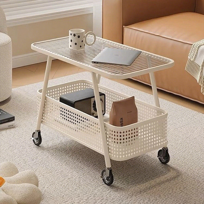 Modern Minimalist Rounded-Edge Design Carbon Steel Stone Slab Tempered Glass Movable Side Table 2-Tier For Living Room