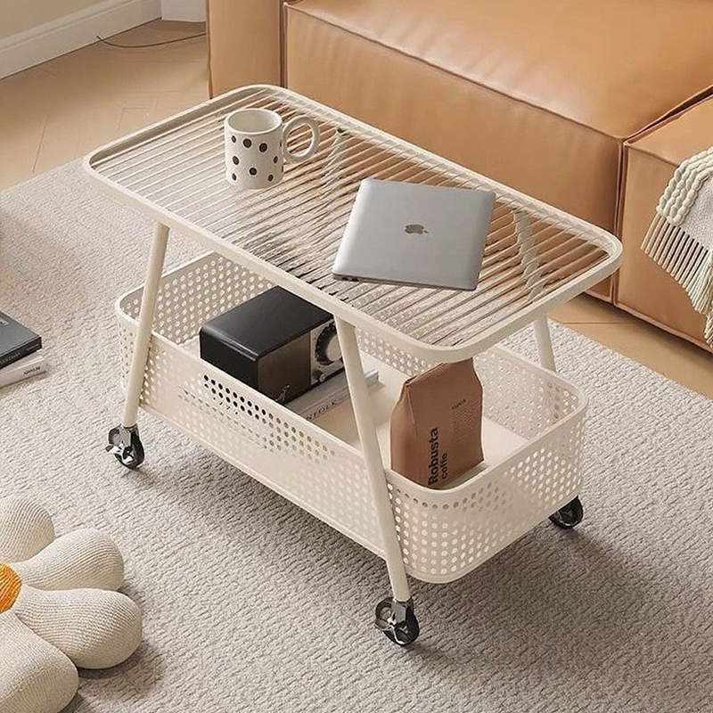 Modern Minimalist Rounded-Edge Design Carbon Steel Stone Slab Tempered Glass Movable Side Table 2-Tier For Living Room