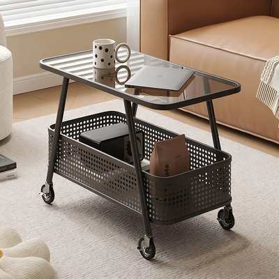 Modern Minimalist Rounded-Edge Design Carbon Steel Stone Slab Tempered Glass Movable Side Table 2-Tier For Living Room