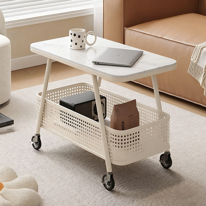 Modern Minimalist Rounded-Edge Design Carbon Steel Stone Slab Tempered Glass Movable Side Table 2-Tier For Living Room