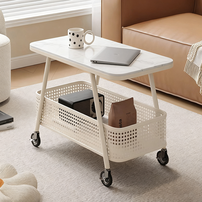 Modern Minimalist Rounded-Edge Design Carbon Steel Stone Slab Tempered Glass Movable Side Table 2-Tier For Living Room