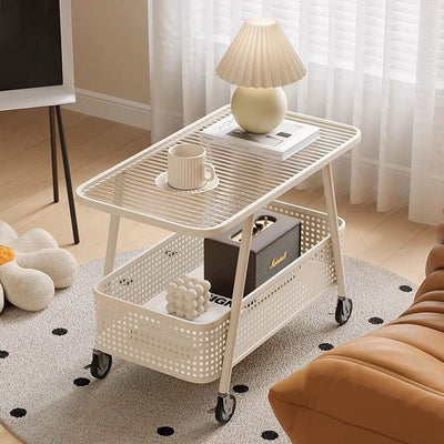 Modern Minimalist Rounded-Edge Design Carbon Steel Stone Slab Tempered Glass Movable Side Table 2-Tier For Living Room