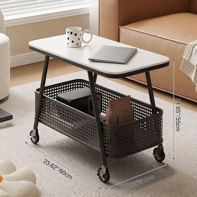 Modern Minimalist Rounded-Edge Design Carbon Steel Stone Slab Tempered Glass Movable Side Table 2-Tier For Living Room