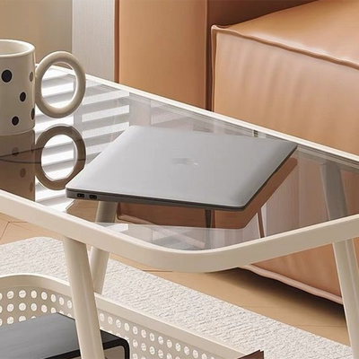 Modern Minimalist Rounded-Edge Design Carbon Steel Stone Slab Tempered Glass Movable Side Table 2-Tier For Living Room