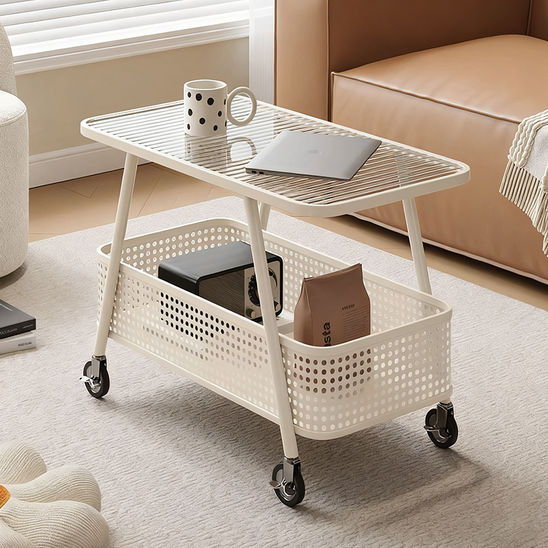 Modern Minimalist Rounded-Edge Design Carbon Steel Stone Slab Tempered Glass Movable Side Table 2-Tier For Living Room