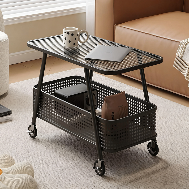 Modern Minimalist Rounded-Edge Design Carbon Steel Stone Slab Tempered Glass Movable Side Table 2-Tier For Living Room