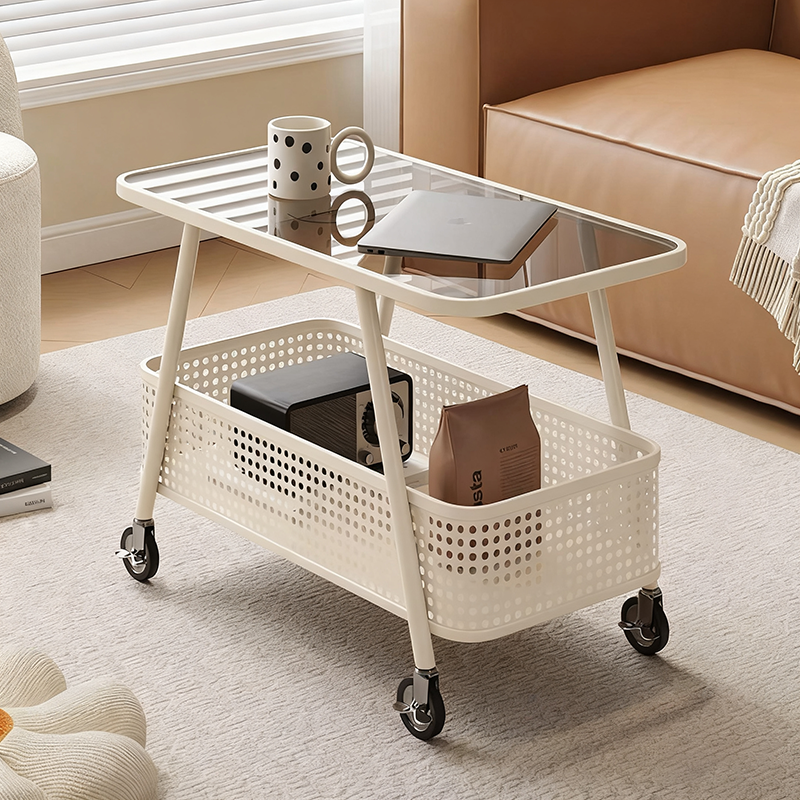 Modern Minimalist Rounded-Edge Design Carbon Steel Stone Slab Tempered Glass Movable Side Table 2-Tier For Living Room