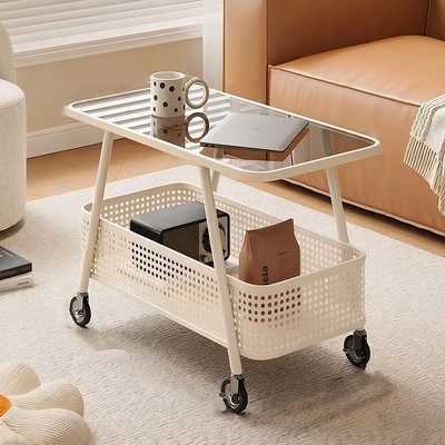 Modern Minimalist Rounded-Edge Design Carbon Steel Stone Slab Tempered Glass Movable Side Table 2-Tier For Living Room