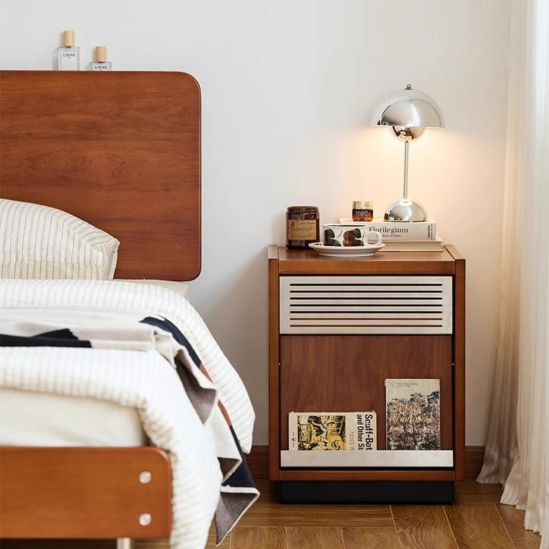 Contemporary Retro Square Rubber Solid Wood Stainless Steel Nightstand 1-Drawer For Bedroom
