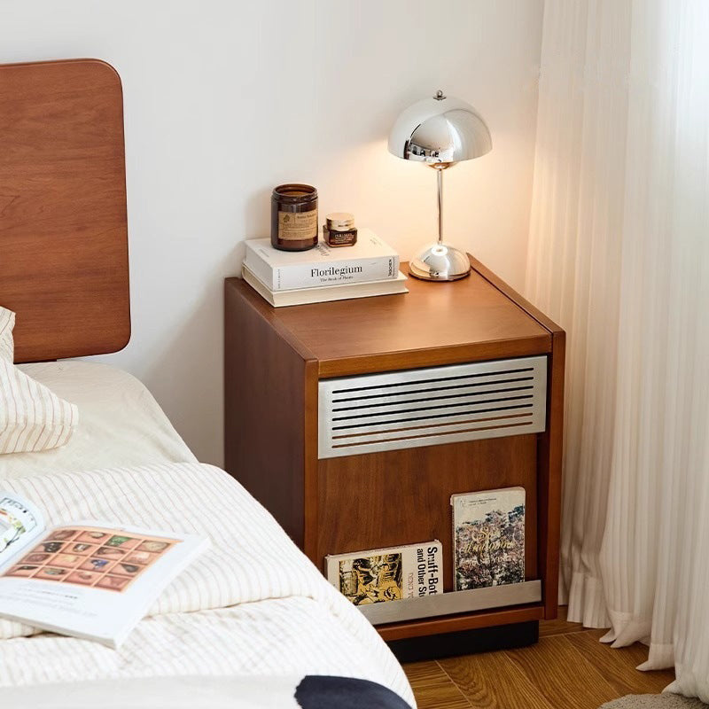 Contemporary Retro Square Rubber Solid Wood Stainless Steel Nightstand 1-Drawer For Bedroom