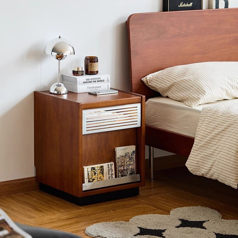 Contemporary Retro Square Rubber Solid Wood Stainless Steel Nightstand 1-Drawer For Bedroom