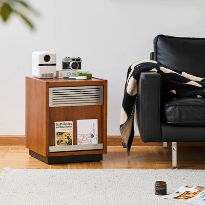 Contemporary Retro Square Rubber Solid Wood Stainless Steel Nightstand 1-Drawer For Bedroom