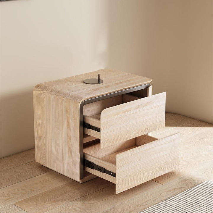 Modern Minimalist Rounded-Edge Microfiber Leather Solid Wood Nightstand 2-Drawer For Bedroom