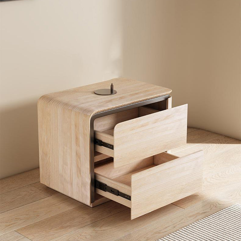 Modern Minimalist Rounded-Edge Microfiber Leather Solid Wood Nightstand 2-Drawer For Bedroom