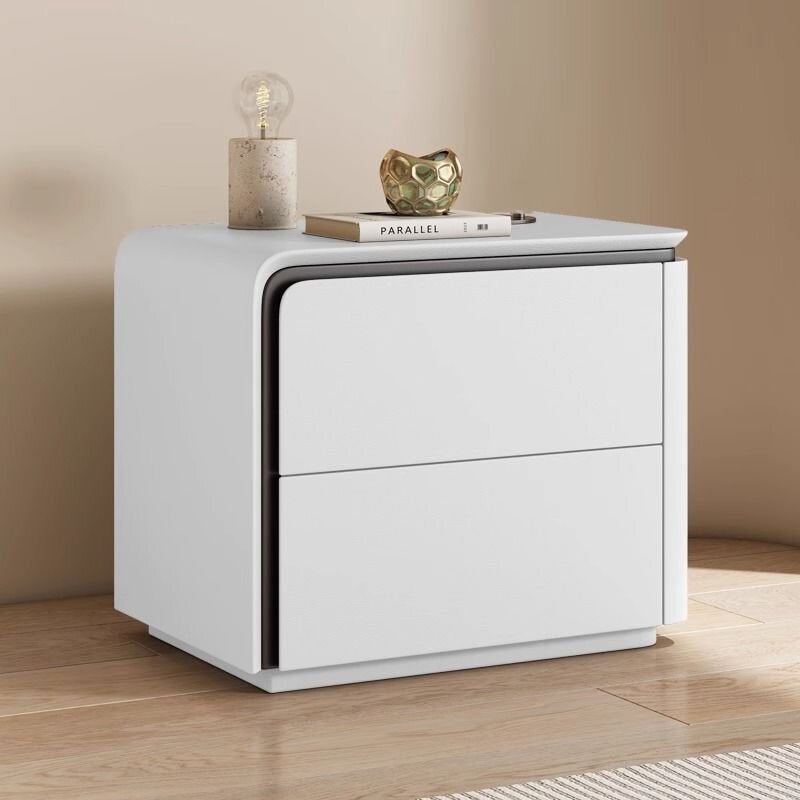 Modern Minimalist Rounded-Edge Microfiber Leather Solid Wood Nightstand 2-Drawer For Bedroom