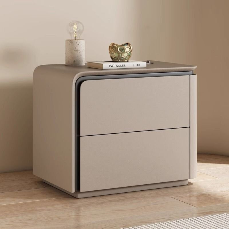 Modern Minimalist Rounded-Edge Microfiber Leather Solid Wood Nightstand 2-Drawer For Bedroom