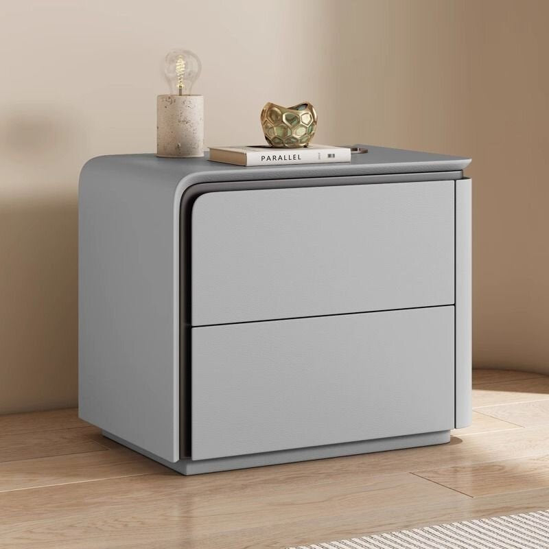 Modern Minimalist Rounded-Edge Microfiber Leather Solid Wood Nightstand 2-Drawer For Bedroom