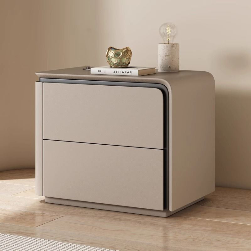 Modern Minimalist Rounded-Edge Microfiber Leather Solid Wood Nightstand 2-Drawer For Bedroom