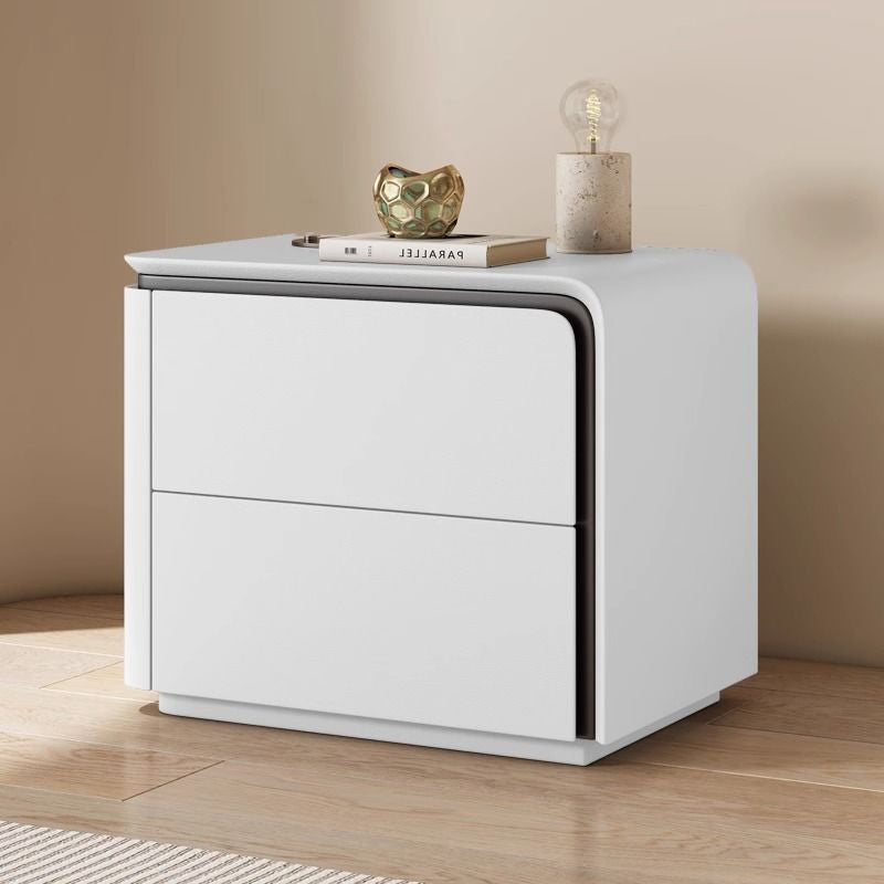 Modern Minimalist Rounded-Edge Microfiber Leather Solid Wood Nightstand 2-Drawer For Bedroom