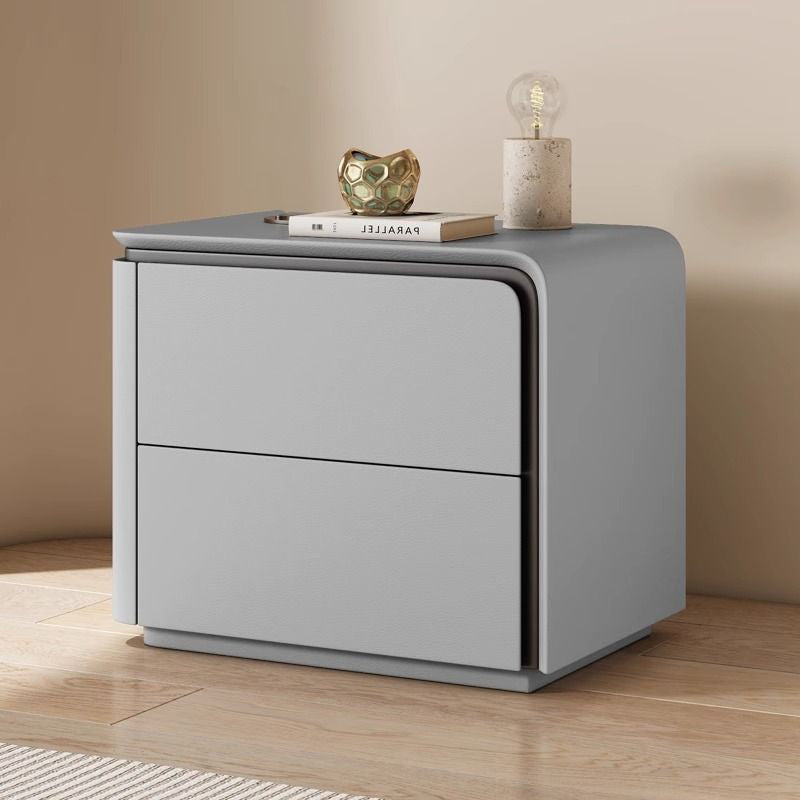 Modern Minimalist Rounded-Edge Microfiber Leather Solid Wood Nightstand 2-Drawer For Bedroom