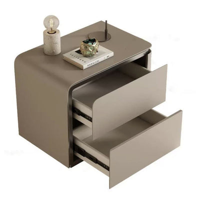 Modern Minimalist Rounded-Edge Microfiber Leather Solid Wood Nightstand 2-Drawer For Bedroom