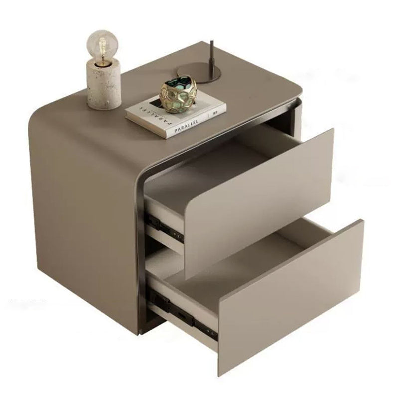 Modern Minimalist Rounded-Edge Microfiber Leather Solid Wood Nightstand 2-Drawer For Bedroom
