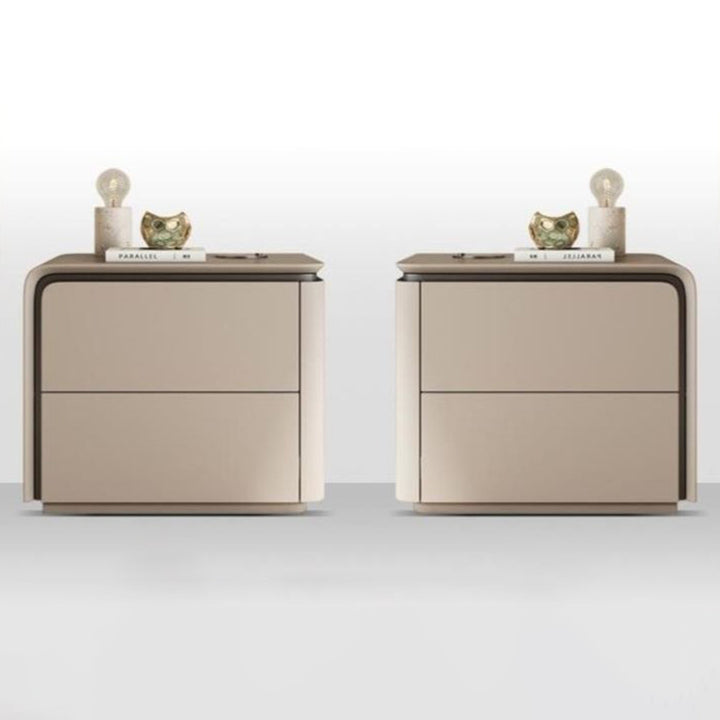 Modern Minimalist Rounded-Edge Microfiber Leather Solid Wood Nightstand 2-Drawer For Bedroom
