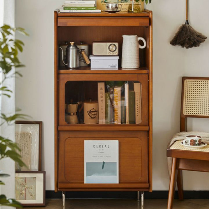 Contemporary Retro Square Tempered Glass Stainless Steel Solid Wood Corner Bookcase 3-Storage For Living Room