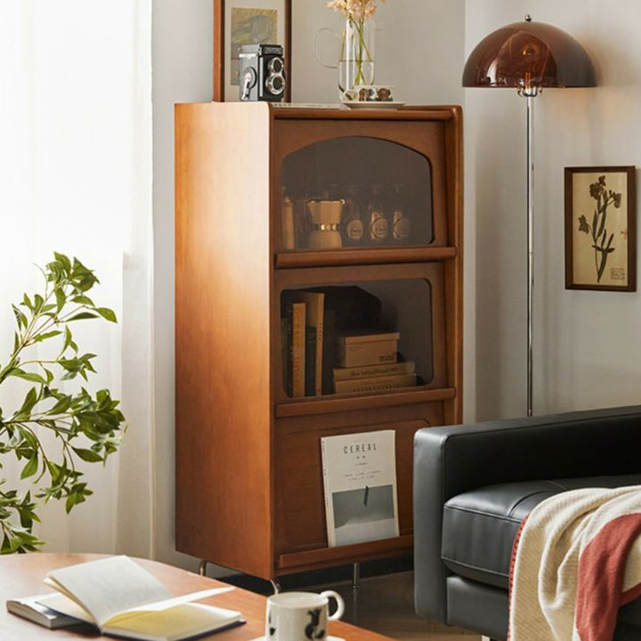 Contemporary Retro Square Tempered Glass Stainless Steel Solid Wood Corner Bookcase 3-Storage For Living Room