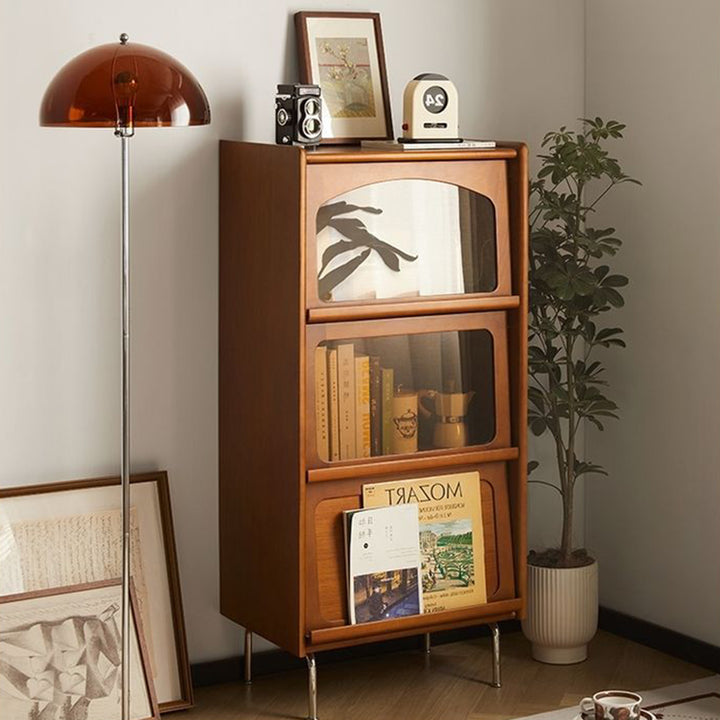 Contemporary Retro Square Tempered Glass Stainless Steel Solid Wood Corner Bookcase 3-Storage For Living Room