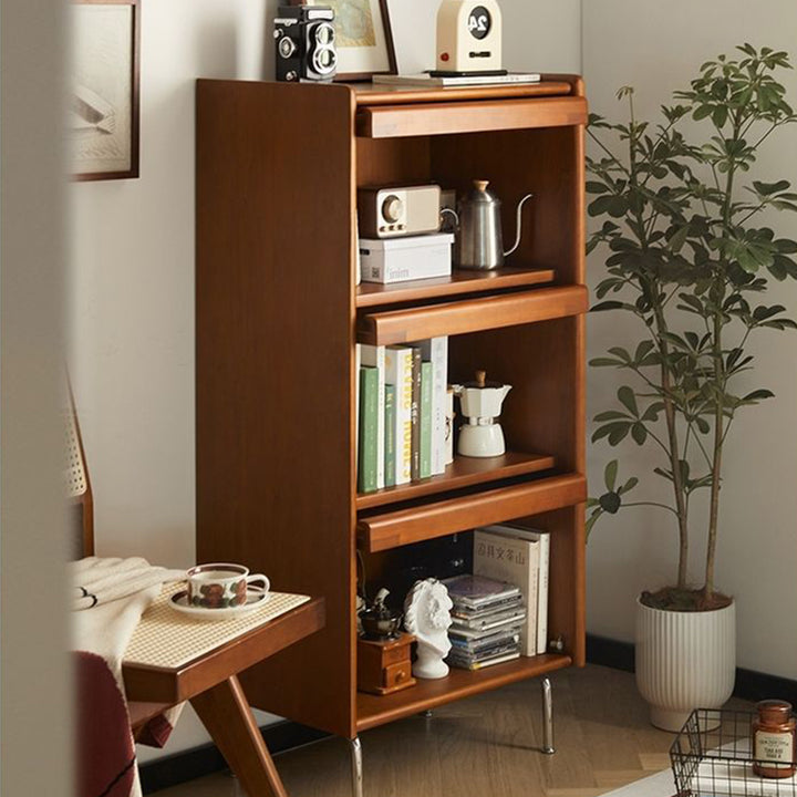Contemporary Retro Square Tempered Glass Stainless Steel Solid Wood Corner Bookcase 3-Storage For Living Room