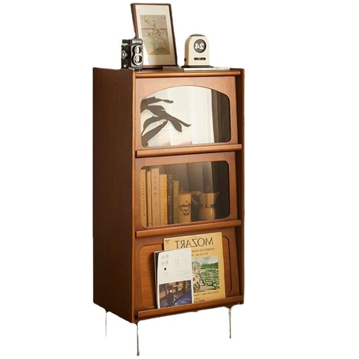 Contemporary Retro Square Tempered Glass Stainless Steel Solid Wood Corner Bookcase 3-Storage For Living Room