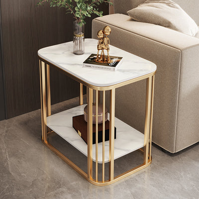 Contemporary Nordic Rounded-Edge Stone Slab Carbon Steel End Table 2-Tier For Living Room