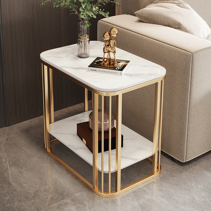 Contemporary Nordic Rounded-Edge Stone Slab Carbon Steel End Table 2-Tier For Living Room
