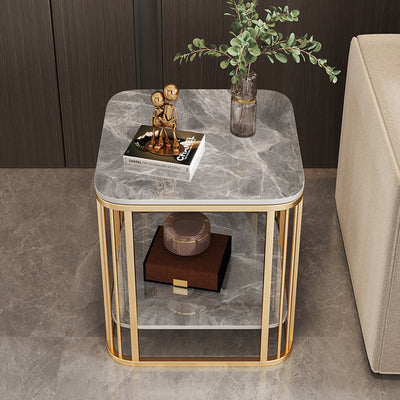 Contemporary Nordic Rounded-Edge Stone Slab Carbon Steel End Table 2-Tier For Living Room