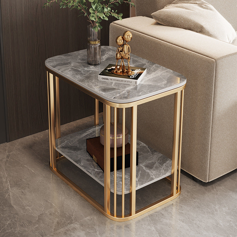 Contemporary Nordic Rounded-Edge Stone Slab Carbon Steel End Table 2-Tier For Living Room