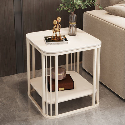 Contemporary Nordic Rounded-Edge Stone Slab Carbon Steel End Table 2-Tier For Living Room