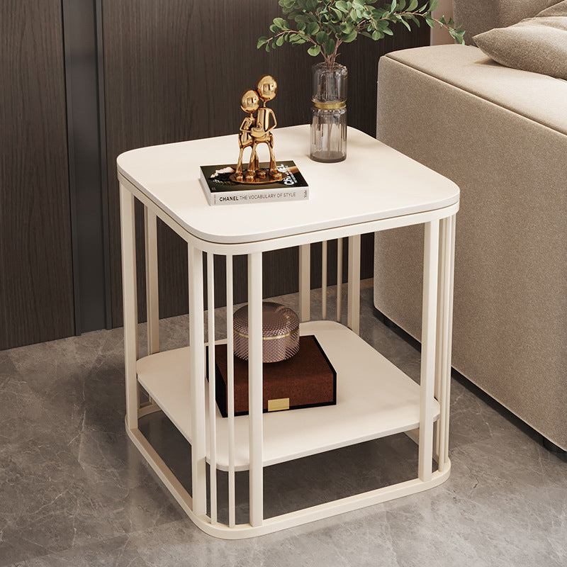 Contemporary Nordic Rounded-Edge Stone Slab Carbon Steel End Table 2-Tier For Living Room