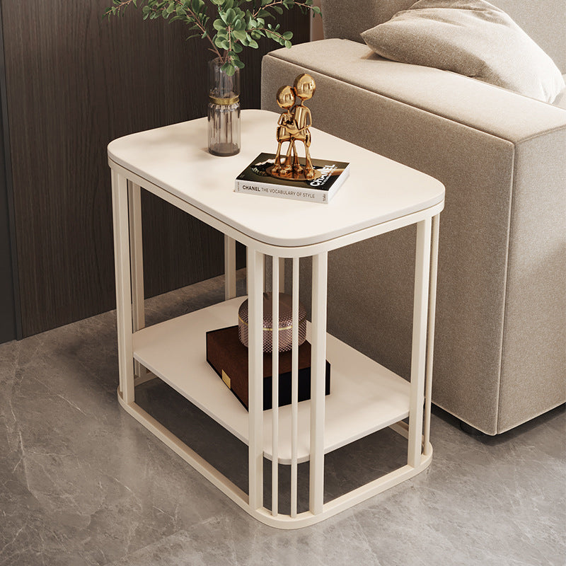 Contemporary Nordic Rounded-Edge Stone Slab Carbon Steel End Table 2-Tier For Living Room