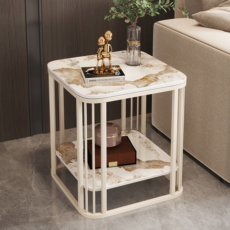 Contemporary Nordic Rounded-Edge Stone Slab Carbon Steel End Table 2-Tier For Living Room